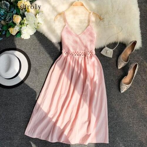 Sanishroly Women Sleeveless Spaghetti Strap Dress Sexy V-Neck Knitted Patchwork Dress Female Hollow Out Long Dress Vestidos C027