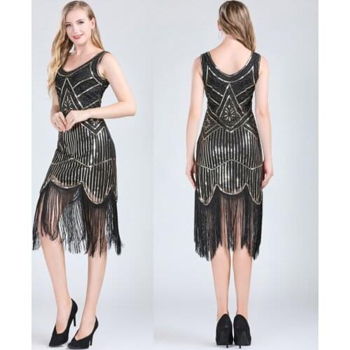Women Party Dress 1920s Great Gatsby Flapper Dress V Neck Sleeveless Embellished Sequin Beaded Fringe Dress Vestidos