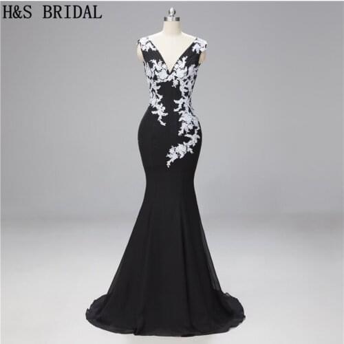 H&S BRIDAL Mermaid Evening Dress white appliques Black Evening Gown elegant women formal dresses robe de soiree