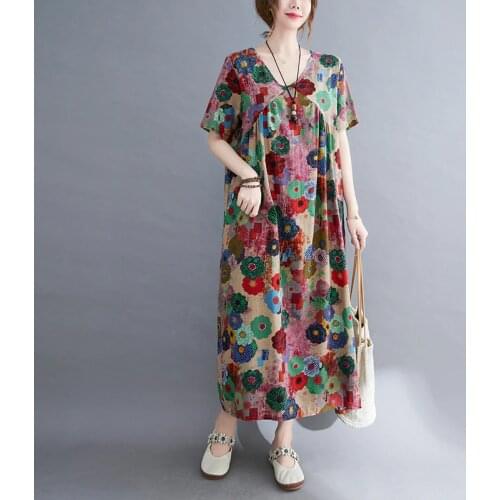 Print Floral Cotton Linen Vintage Dress 2021 New Arrival Short Sleeve Loose Women Casual Summer Dress Holiday Beach Style Dress