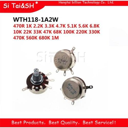 2PCS WTH118 2W 1A Potentiometer 1K 2.2K 4.7K 10K 22K 47K 100K 470K 1M WTH118-2W Round Shaft Carbon Rotary Taper Potentiometer