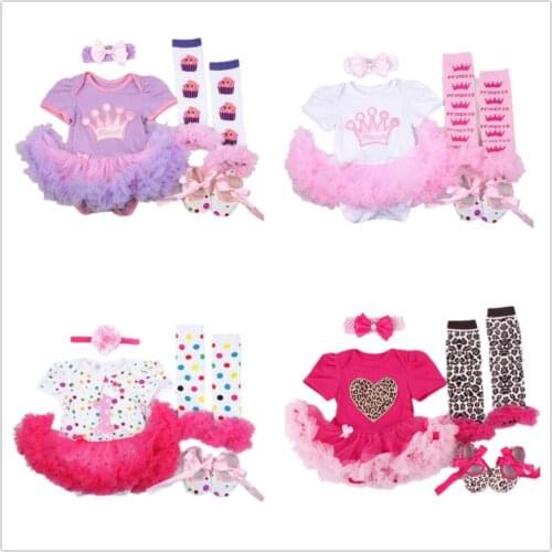Princess Baby Girl Clothes 4 in 1 Sets Lace Tutu Dress Crown Newborn Bodysuit Leggings Shoe Hairband Bebe Jumpsuits Cotton Shirt
