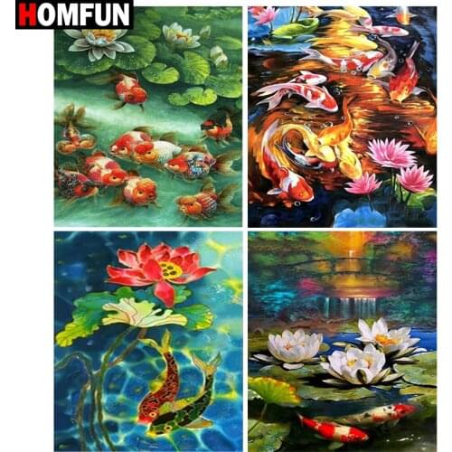 HOMFUN Full Square/Round Drill 5D DIY Diamond Painting "Fish & lotus landscape" Embroidery Cross Stitch 5D Home Decor Gift