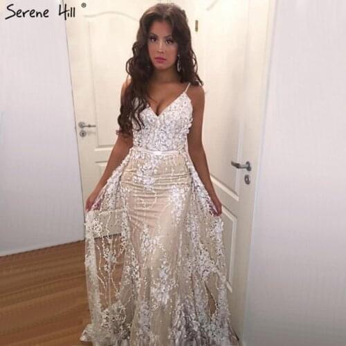 White Handmade Flower Pearl Sexy Evening Dresses 2020 Sleeveless Mermaid Luxury Lace Formal Dress Real Photo LA60711