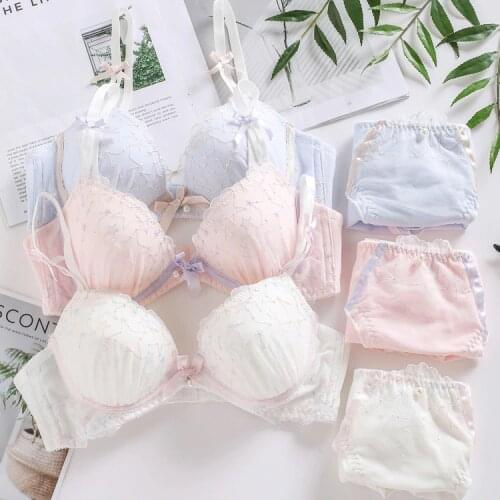 Star Embroidery Cute Womens Japanese Bra & Panties Set Chiffon Wirefree Soft Underwear Sleep Intimates Set Lolita