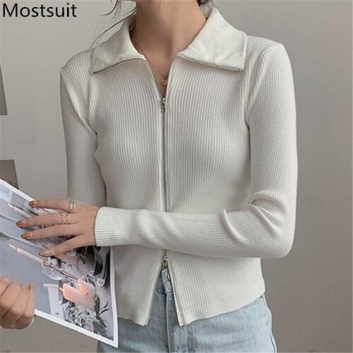 Korean Zippers Knitted Cardigan Sweater Women Full Sleeve Turn-down Collar Slim Tops Fashion Casual Ladies Jumpers Femme 2021