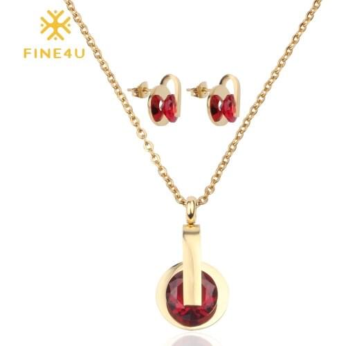 FINE4U N204 AAA Cubic Zirconia Pendant Necklace Earrings Sets Stainless Steel Bridal Wedding PartyJewelry Sets