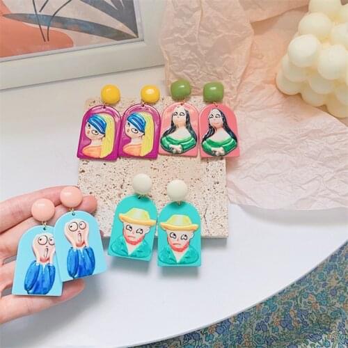 Summer Fun Oil Painting Acrylic Earrings Dangle Vintage Ethic Style Women Earring Mona Lisa Van Gogh Cartoon Design Ear Jewelry