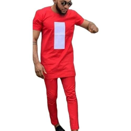 Short Sleeve Man Patchwork Shirts Match Pants African Fashion Red Tops+Trousers Custom Made Mens Outfits African Pant Set