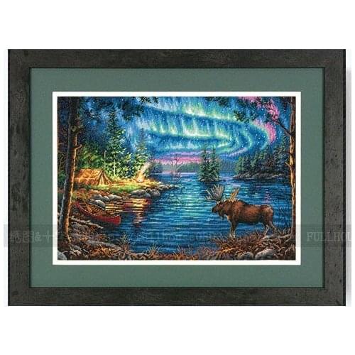 14/16/18/27/28 Beautiful Counted Cross Stitch Kit Northern Night Aurora Polar Light Deer Lake House Blue Night DIM 35312