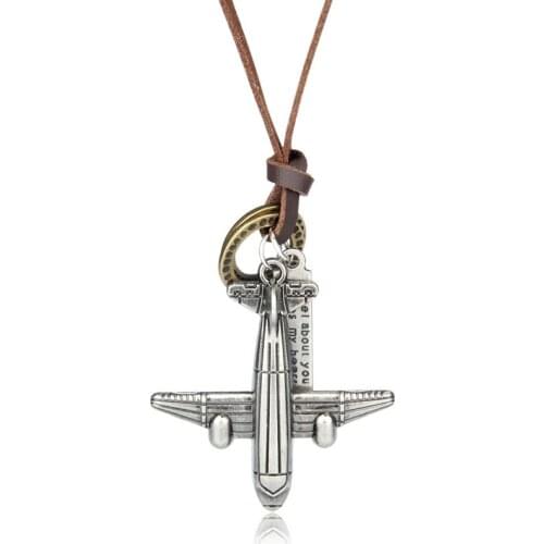 NIUYITID Necklace & Pendants Vintage Aircraft Plane Charm Jewelry For Men Women Brown Leather Rope Long Chain Bijou Gift