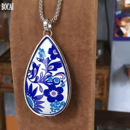 New woman pendant and chain 3.8x6cm Water drop cloisonne pendant for woman enamel jewelry high quality gift blue and white rhyme