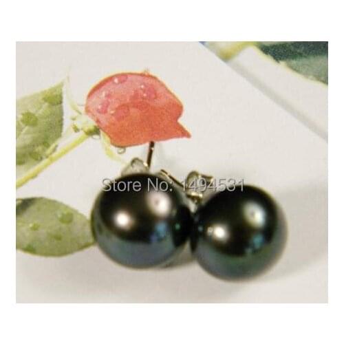Wholesale Pearl Jewelry, Large AAA 10.2MM Peacock Black Color Genuine Freshwater Pearl Earrings ,S925 Sterling Silvers Post