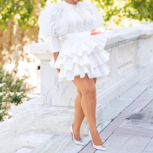 African Women Plus Size White Party Dress Vintage Puff Sleeve Cute Ruffle Tiered Layered Summer Spring Ladies Club Mini Dresses