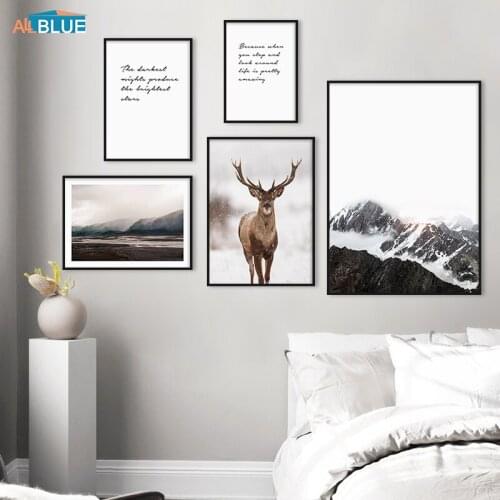 Nature Scenery Deer Mountain Nordic Canvas Poster Motivational Quotes Painting Print Wall Art Picture Home Decor For Living Room