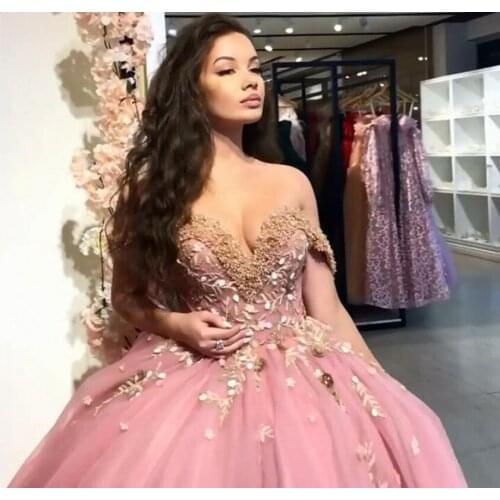 Princess Dusty Pink Ball Gown Quinceanera Dresses 2021 Off The Shoulder Tulle Sleeveless Sweet 16 Dress With Appliques Beads