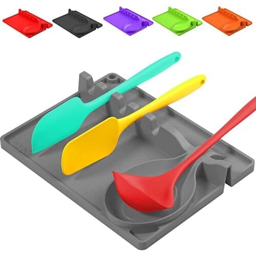 Silicone Spoon Rest 2 in 1 Larger Size Silicone Spoon Holder for Stove Top Upgraded Utensil Rest with Drip Pad Include 5 Slots