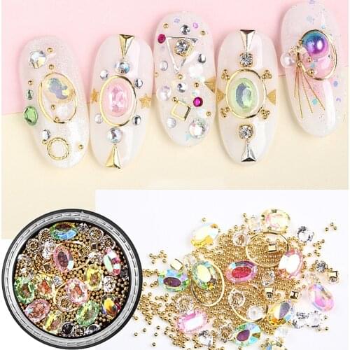 Mixed 1 Box Crystal AB Colorful Nail Art Rhinestones DIY Metal Frame Steel Ball Nail Stones Gems 3D Nails Decorations
