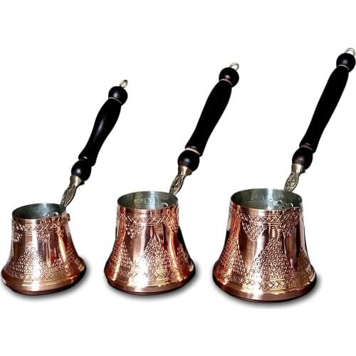 Turkish Copper Coffee Pot Triple Set, Grapes Pattern With Wooden Handle , Traditional Handmade Copper Cezve
