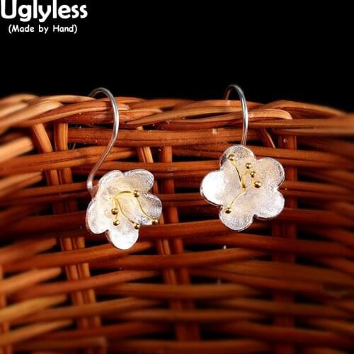 Uglyless Eastern Beauty Personalized Long Ear Hooks Earrings for Women Little Flowers Earring 925 Silver Brincos Fashion Jewelry