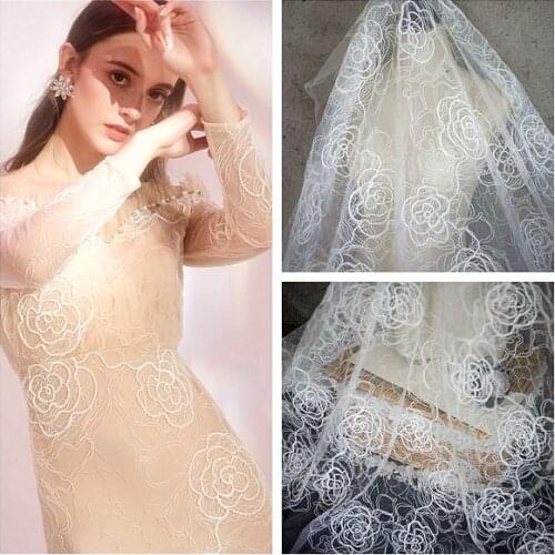 High-end 3D Bone Line Embroidered Flower Lace Fabric Ivory White 130CM Wide Vintage Luxury Wedding Gown Lace Fabric