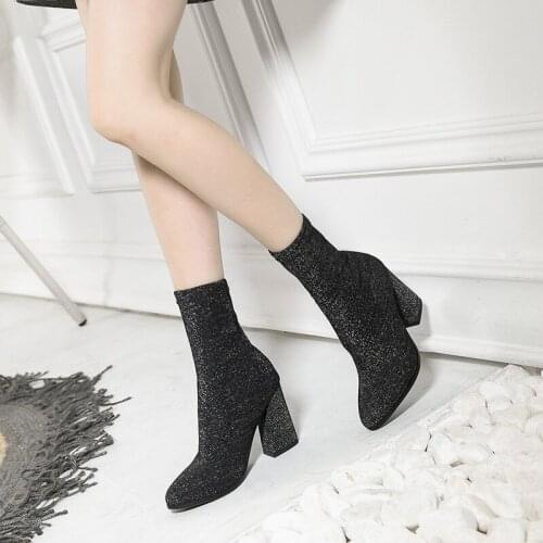 YMECHIC 2018 Fashion Female Hoof High Heels Purple Blue Ladies Socks Elasticity Stretch Ankle Boots Autumn Winter Women Shoes