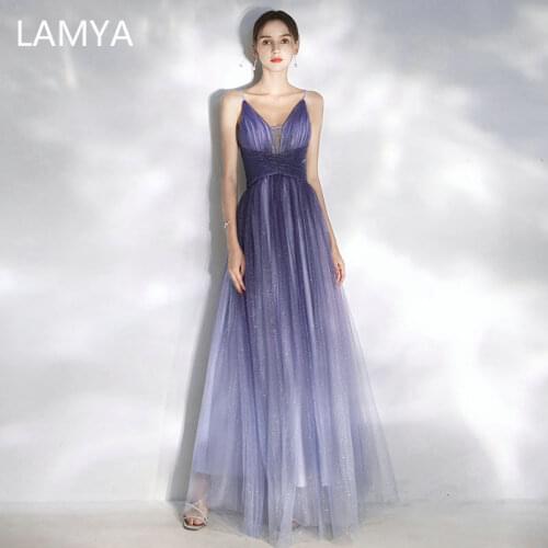 LAMYA Robe Sexy Spaghetti Straps V-neck Long Evening Dresses Prom Dress De Soiree New Elegant Abendkleider 2021 Luxury Tulle