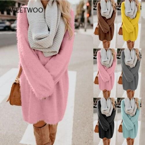 Autumn Winter Dress Women Plush Fleece Warm Midi Dress Sweater Long Sleeve O Neck Casual Loose Solid Color Sexy Party Dresses