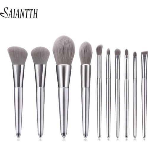 10PCS Elegant Silver Wood Makeup Brushes Set High Quality Foundation Blush Powder Concealer eyeshadow eyebrow eyeliner cosmetic