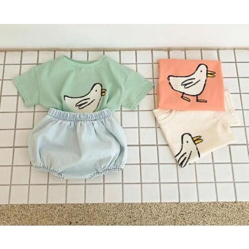 2021 Summer New Toddler Boys Cotton Soft Cartoon T Shirt Set Baby Girls Denim Shorts Set Tops And Pants 2pcs Baby Clothes Set