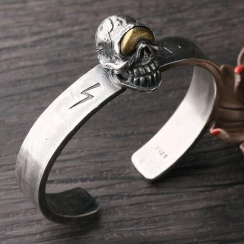 925 Sterling silver color Skull Bangle for men women Heavy Skull Mens Biker Rocker Punk Bracelet Bangles mens Jewelry Gifts