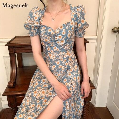 Floral Print Summer Dress Women Korean Puff Sleeve Sexy Split Slim Female Dresses Elegant Vintage Dress Plus Size Vestidos 15251