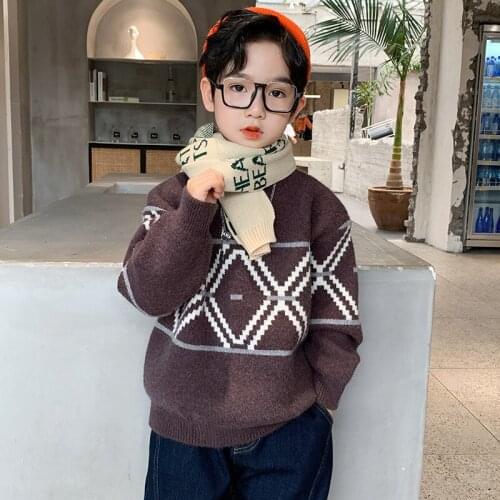 Children Clothes Kids Boys Fashion Check Sweater Spring Autumn Crew Neck Knitted Pullover Teen Winter Thick Warm Long Sleeve Top