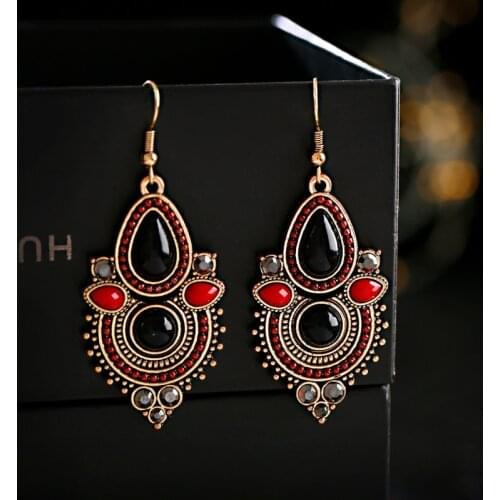 Ethnic Womens Water Drop Bohemian Earrings Vintage Red Black Beads Gypsy Jhumka Earrings Oorbellen Hangers