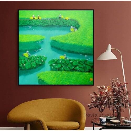 Pure Handmade Knife Painting Abstract Art Lotus on the Rice Field in Vietnamese Art for Living Room Wall Decoration