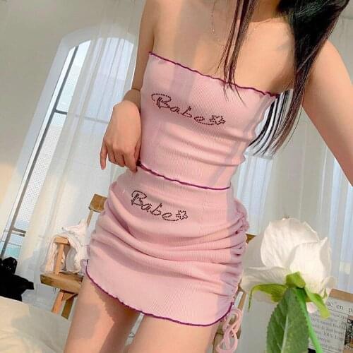 Two-pieces Set for Women Y2K E-girl Letter Printing Summer Tight Sleeveless Off Shoulder Tube Tops High Waist Drawstring Skirt