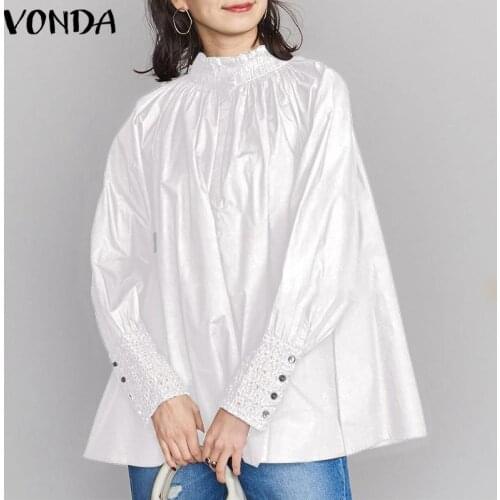 Summer Elegant Tops Women White Blouse Casual Long Sleeve Turtleneck Solid Color Tops 2021 VONDA Casual Blouse S