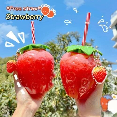 Summer Cartoon Kawaii Strawberry Straw Cup Plastic Cup Lovely Girl Milk Tea Coffee Cup Student Portable Water Cup Water Bottle