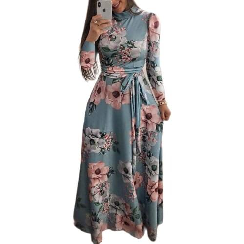 Fashion Plus size womens summer long super long dress casual long sleeve flower print dress casual high collar bandage Vestidos