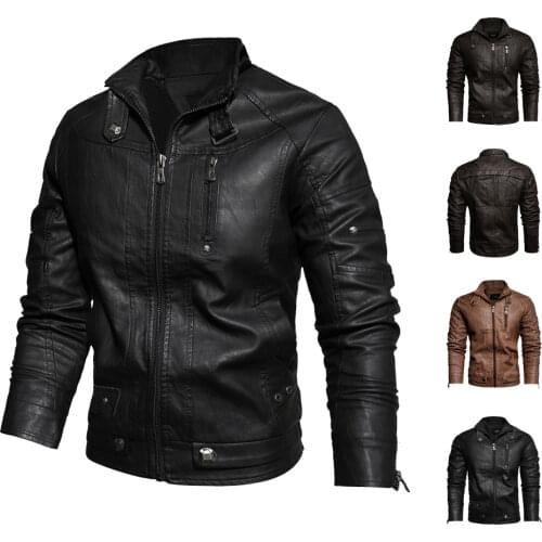 2020 Autumn Winter Mens New Motorcycle Leather Jacket Lining with Velvet Stand Collar Faded leisure Artificial Leather Coat