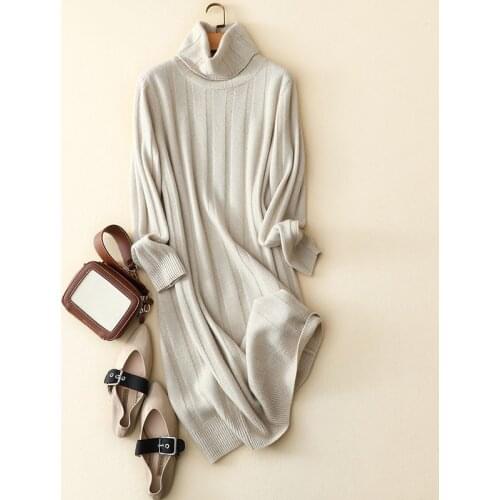 Softness 100% cashmere turtleneck dress women ribbed knitted casual winter warm pullovers