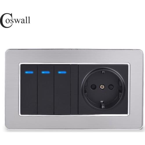 Coswall EU Standard Wall Power Socket + 3 Gang 1 Way On / Off Light Switch With LED Indicator Stainless Steel Frame 146mm*86mm