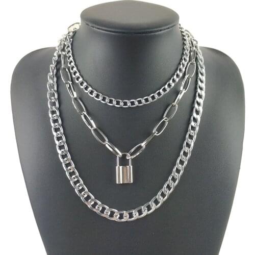 New Layered Link Chain Neck Heart Necklace Lock Key Pendant Necklaces Women Men Choker Padlock Chains Goth Jewelry