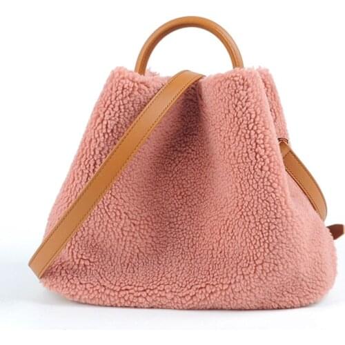 2021 New Style Genuine Leather Bag Niche Lamb Wool Commuter Bag Real Leather Women Bucket Bag