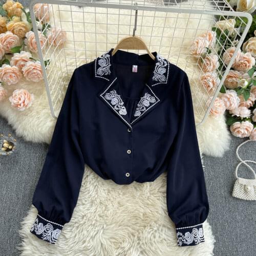 Spring 2021 New Ladies Blouse Retro Heavy Embroidery Suit Collar Blusa Temperament All-match Long-sleeved Shirt GK538