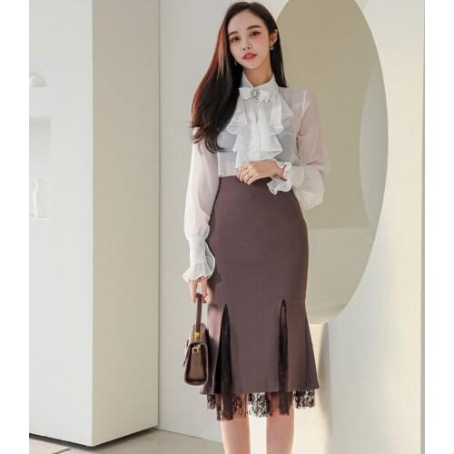 New arrival fashion spring set women OL professional temperament perspective white chiffon shirt and lace skirt two piece set