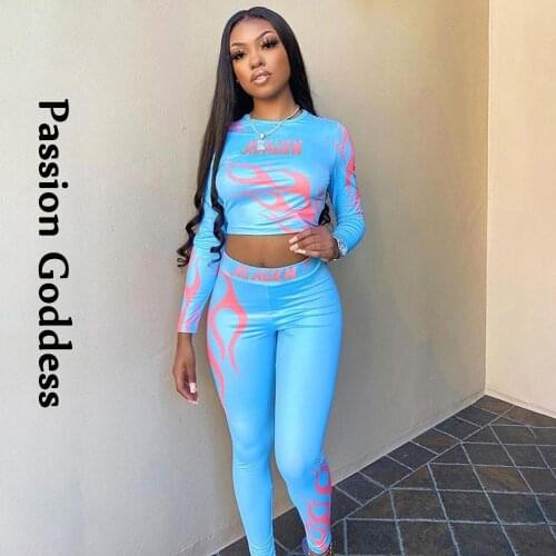 Autumn 2 Piece Tracksuits Fitness Women Sets Long Sleeve T Shirt Slim Leggings Flame Letter Print Suit Joggers Two Piece Outfits