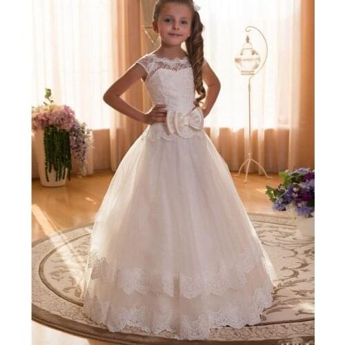First Communion Dresses Wedding Party Dress Big Bow Lace Flower Girl Dresses Ankle Length Girls Pageant Dresses