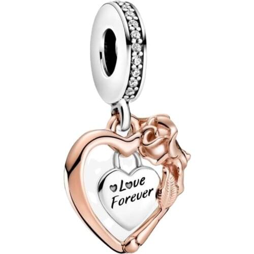 DoDoFly Authentic 925 Sterling Silver Valentines Day Series Love Heart and Rose Charm Fit Original Bracelet Pendant