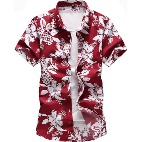 Men floral printed Slim Short sleeve shirts Summer Hawaiian vacation Party casual red blue black Shirt camisa masculina 6XL 7XL